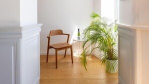 A hallway with wooden flooring, a wooden chair, and a potted plant. - Hôtel Porte Mars Reims Gare Centre (Reims)