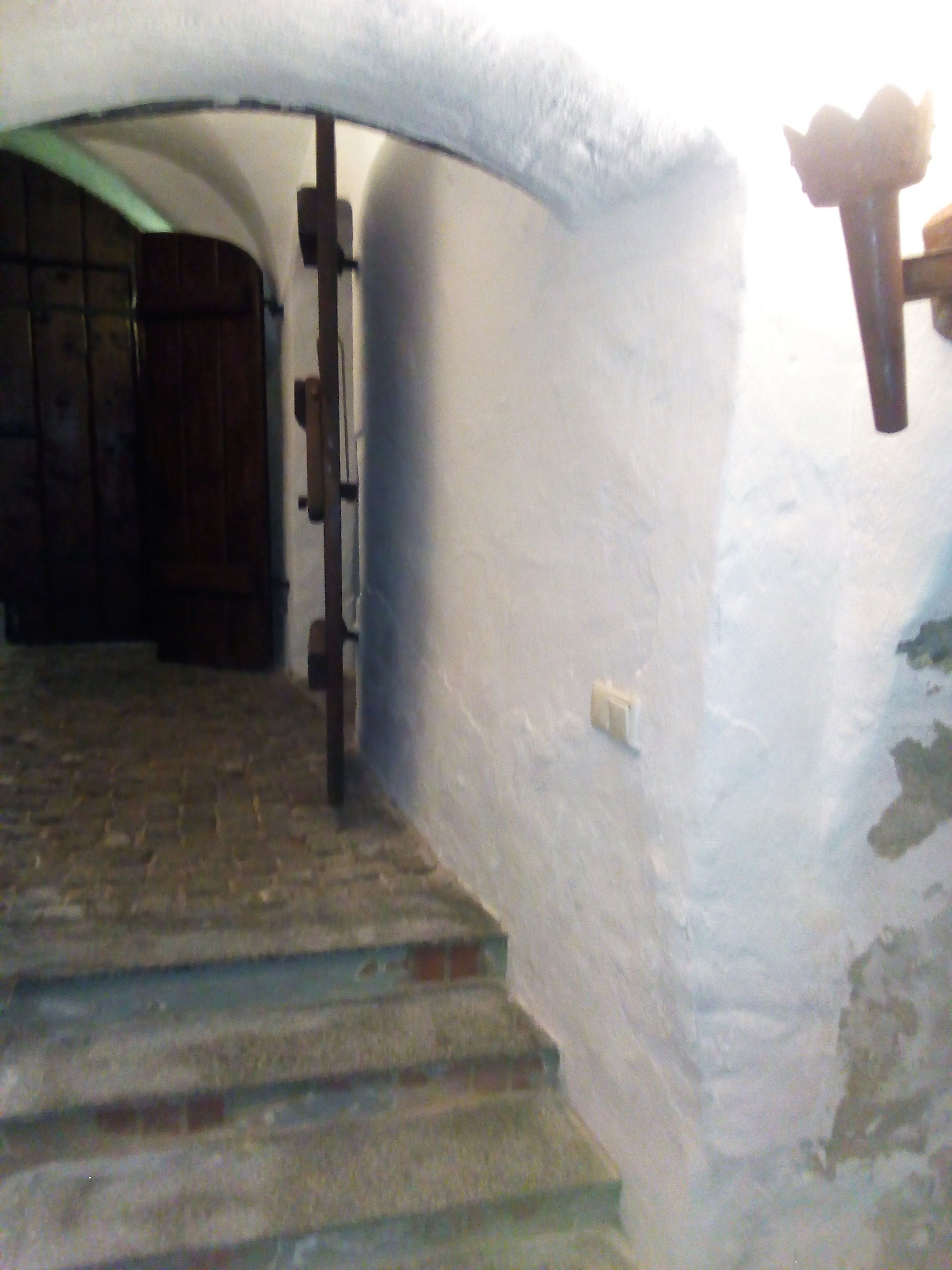 Una escalera de piedra que sube a una puerta.