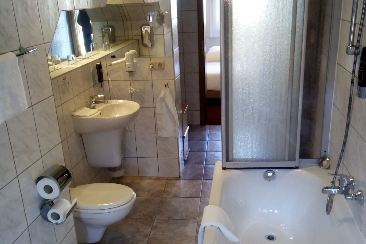 shower, free toiletries, hair dryer, towels