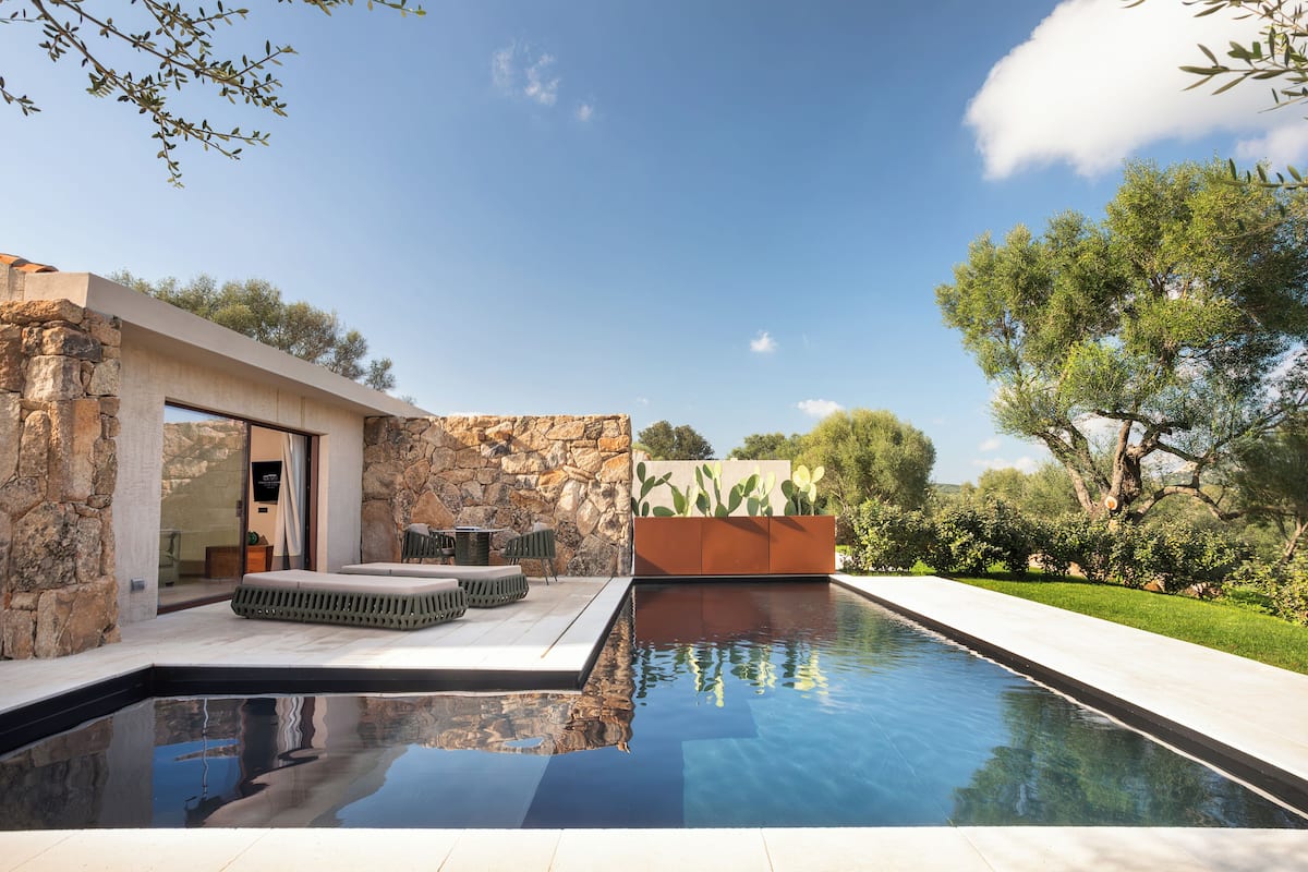 A modern outdoor pool area with stone walls, a cactus planter, and a clear blue sky.