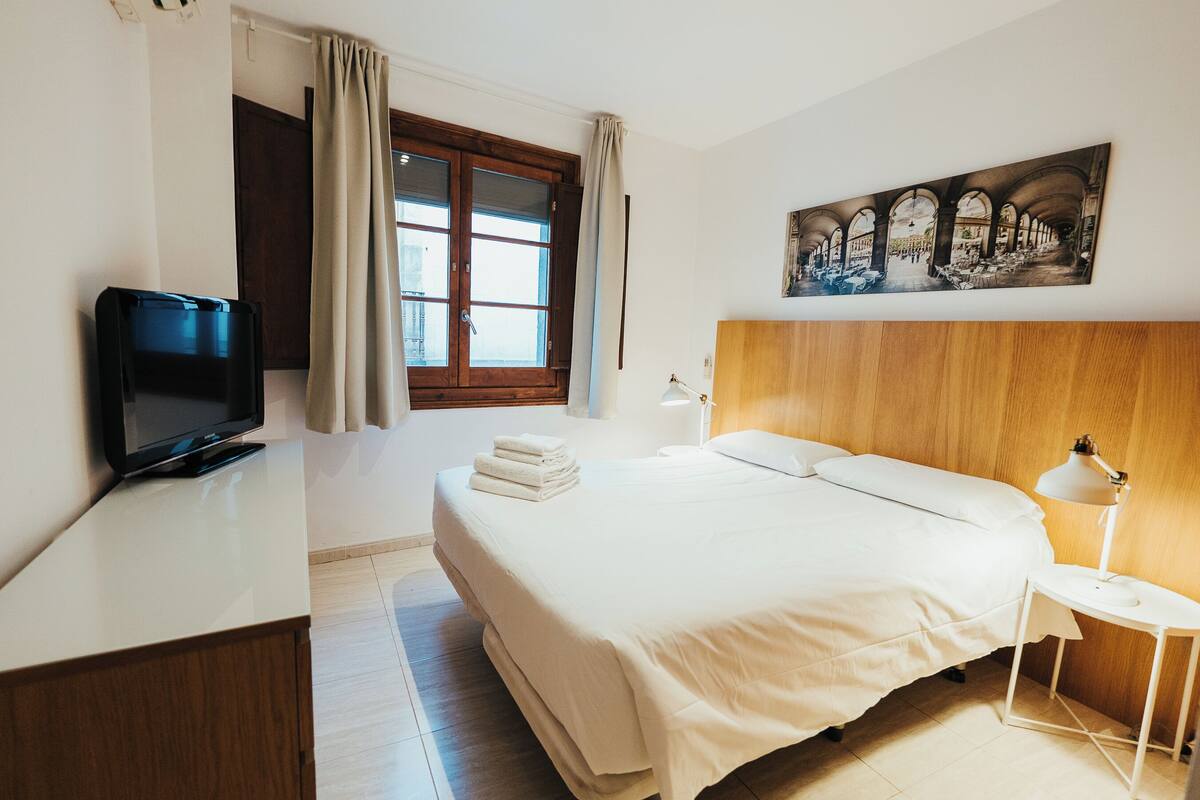 Une chambre d’hôtel avec un lit, une télévision, un tableau et une fenêtre avec des rideaux.