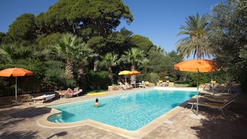 Seasonal outdoor pool, pool umbrellas, pool loungers