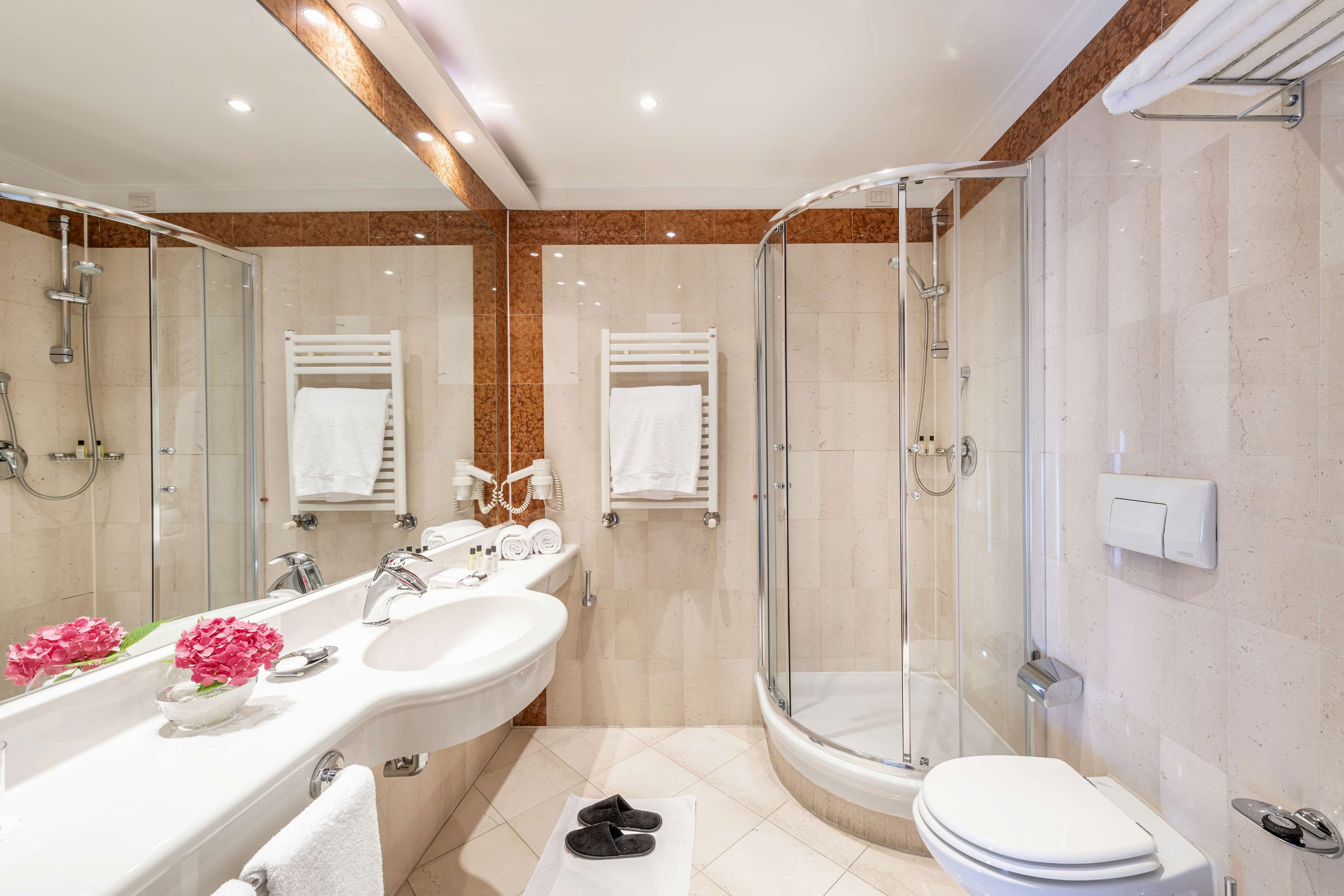 shower, free toiletries, hair dryer, towels