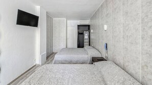 Habitación de hotel con dos camas, un televisor de pantalla plana montado en la pared, un armario y un calentador integrado.