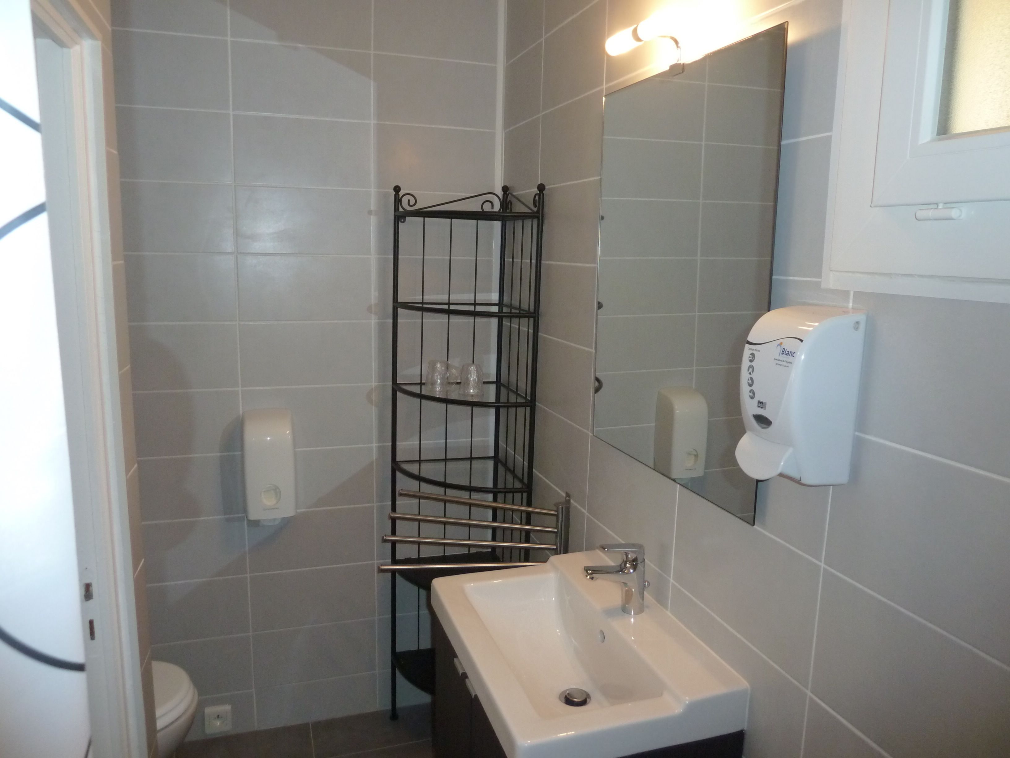 Une salle de bain avec un lavabo blanc, un miroir, un distributeur de savon liquide et une étagère en métal.