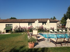Seasonal outdoor pool, open 8:00 AM to 7:00 PM, pool umbrellas