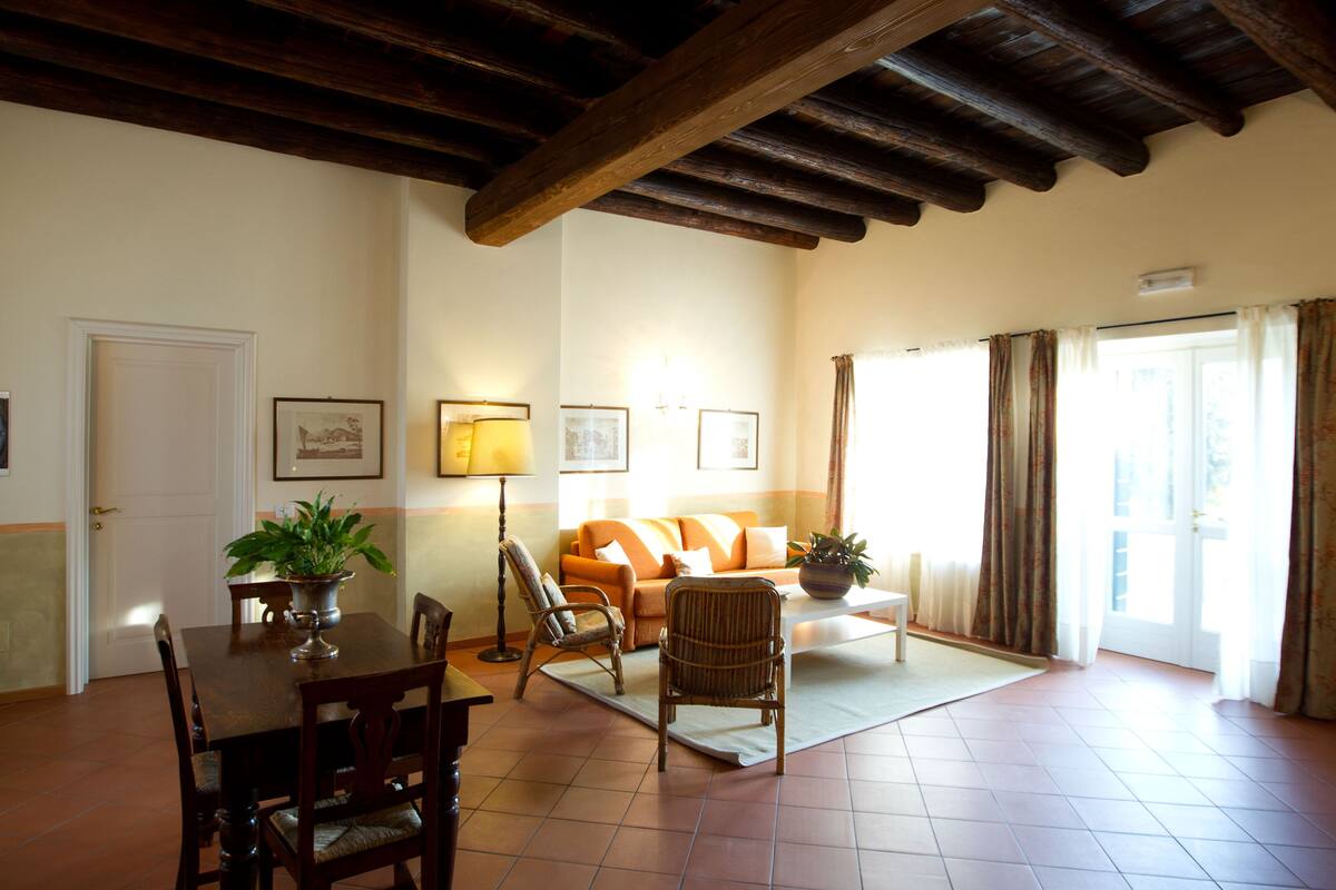 A dining area with a wooden table, chairs, and a potted plant. There is a sofa with cushions and a lamp in the background.