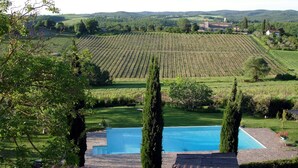 Un vignoble avec des rangées de vignes, une piscine et un bâtiment en pierre en arrière-plan.