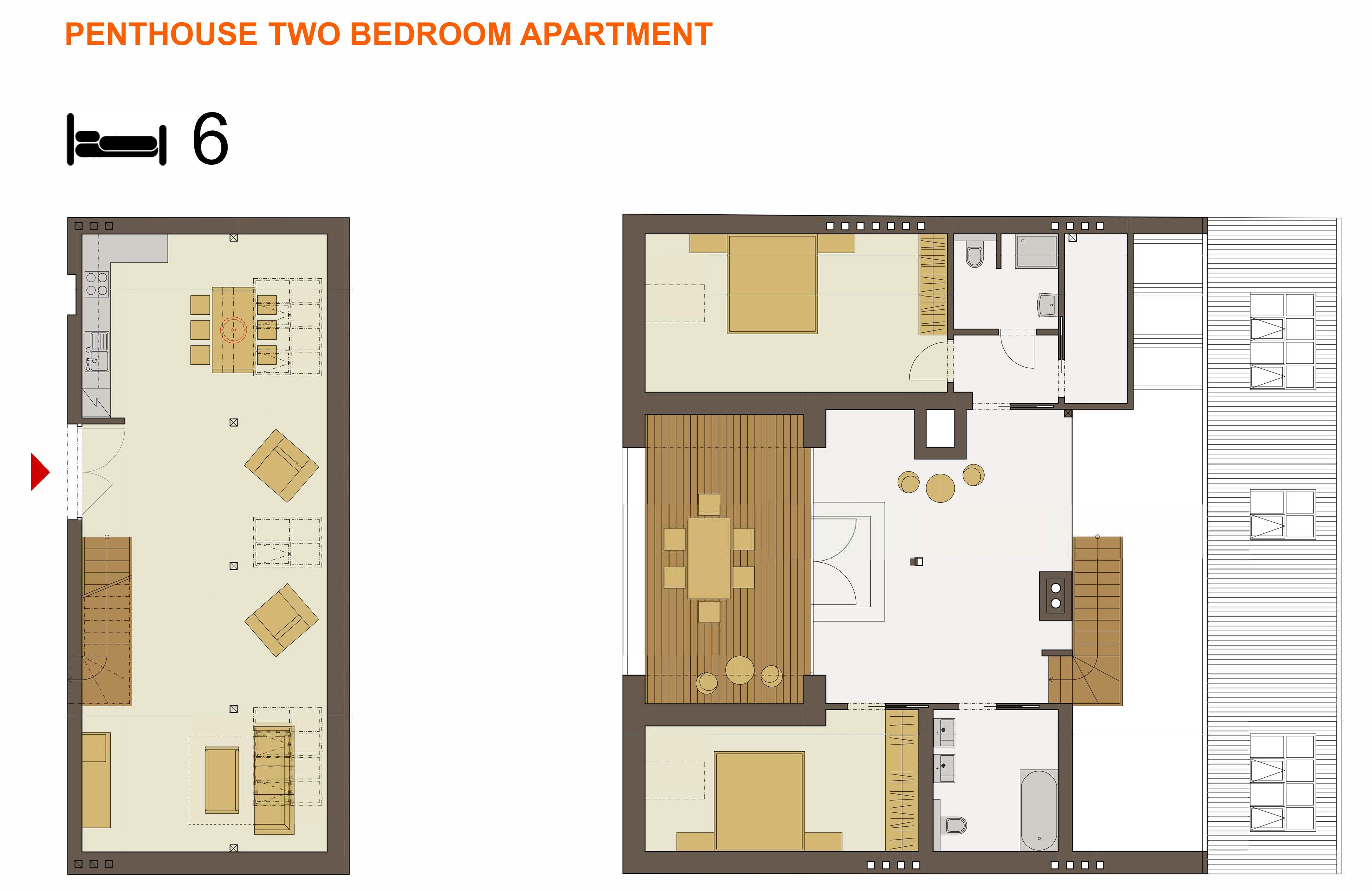 Un plan d’étage d’un appartement de deux chambres comprenant un coin repas, une cuisine, deux chambres, une salle de bain et un salon.