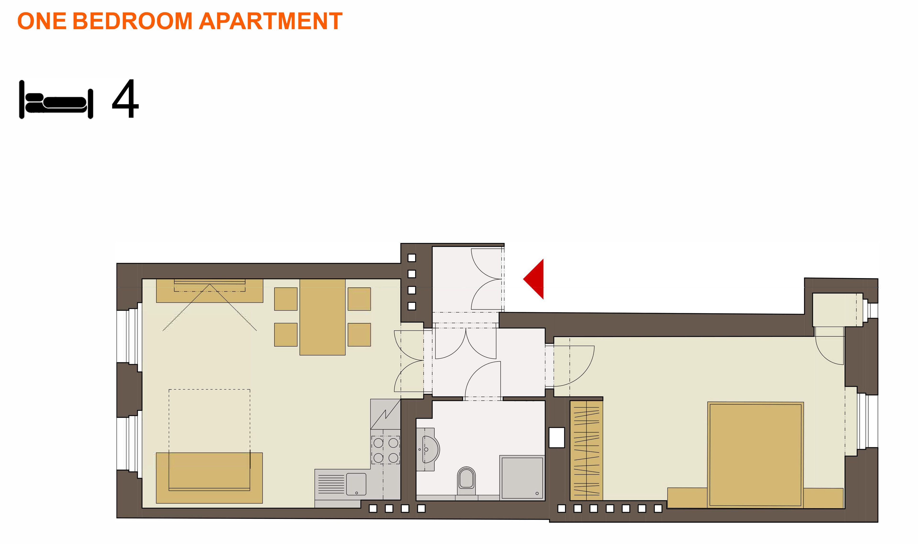 Plano de planta de un apartamento de un dormitorio con cocina, sala de estar y habitación.