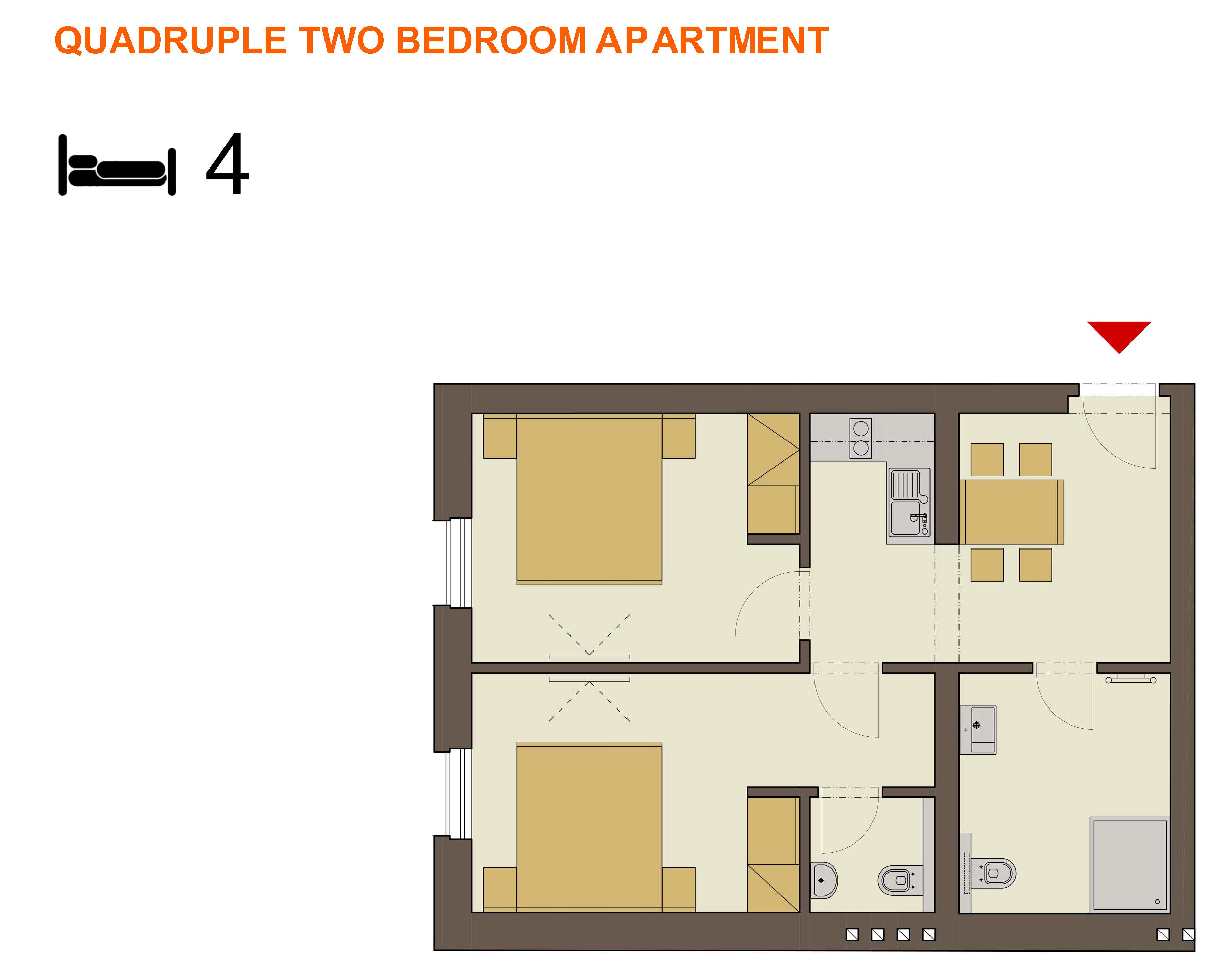A floor plan of a quadruple two-bedroom apartment with four bedrooms, a kitchen, a dining area, and a living room.