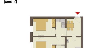 Plan d’étage d’un appartement en duplex comprenant quatre chambres, une cuisine, un coin repas et un salon.