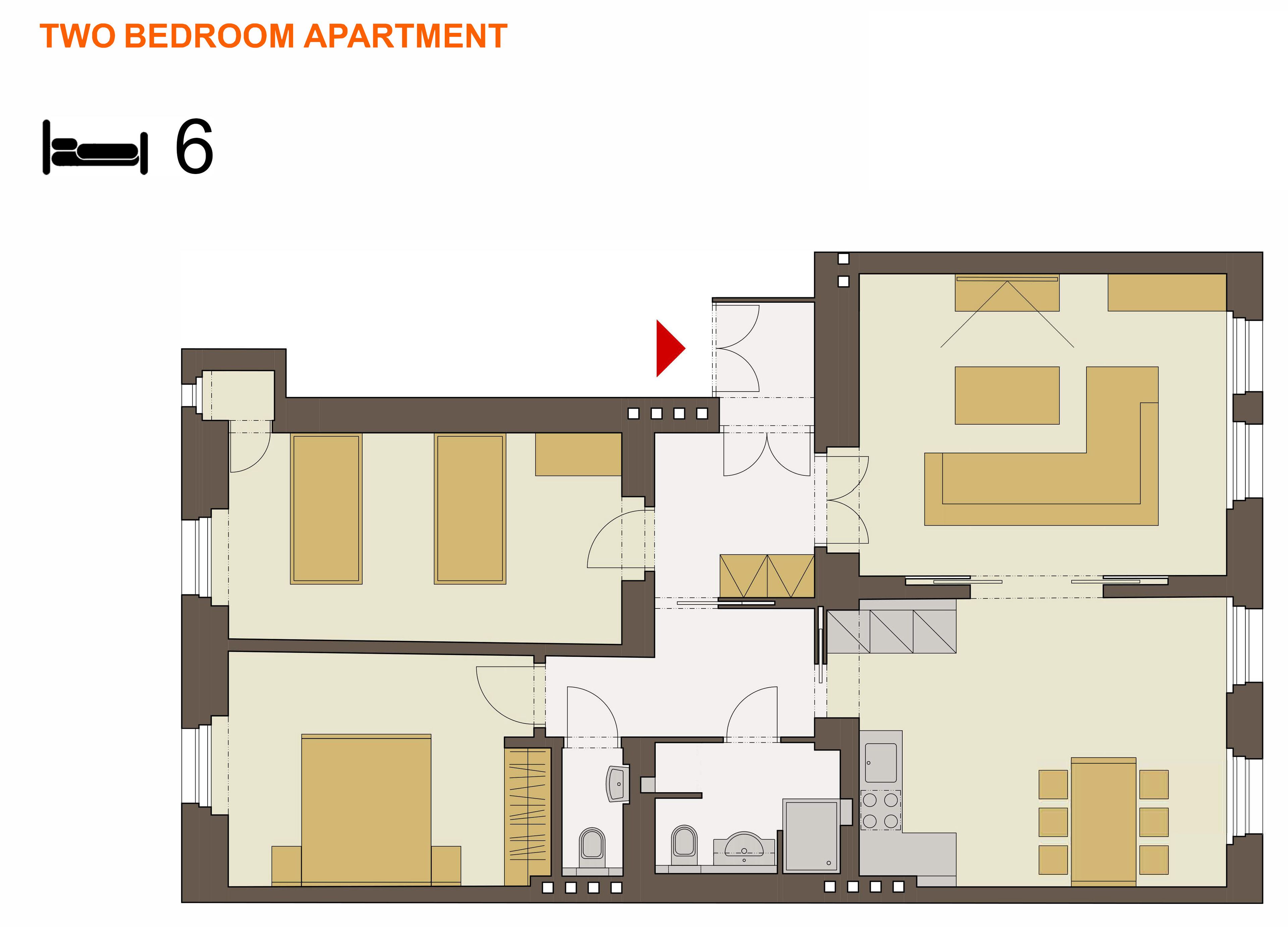 Indeling van een appartement met twee slaapkamers, een woonkamer, twee slaapkamers, een keuken en een badkamer.