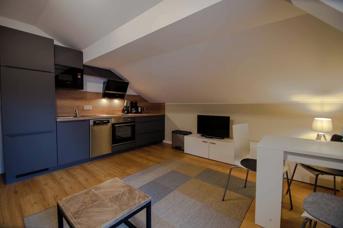 A compact kitchen with modern appliances, a dining area with a table and chairs, and a flat-screen TV.