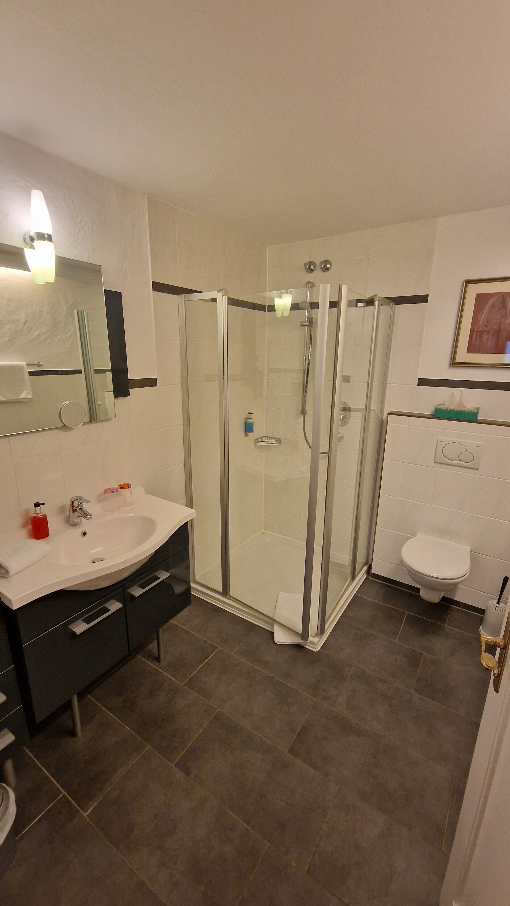 Une salle de bain moderne avec une douche à parois de verre, un lavabo blanc et des toilettes.