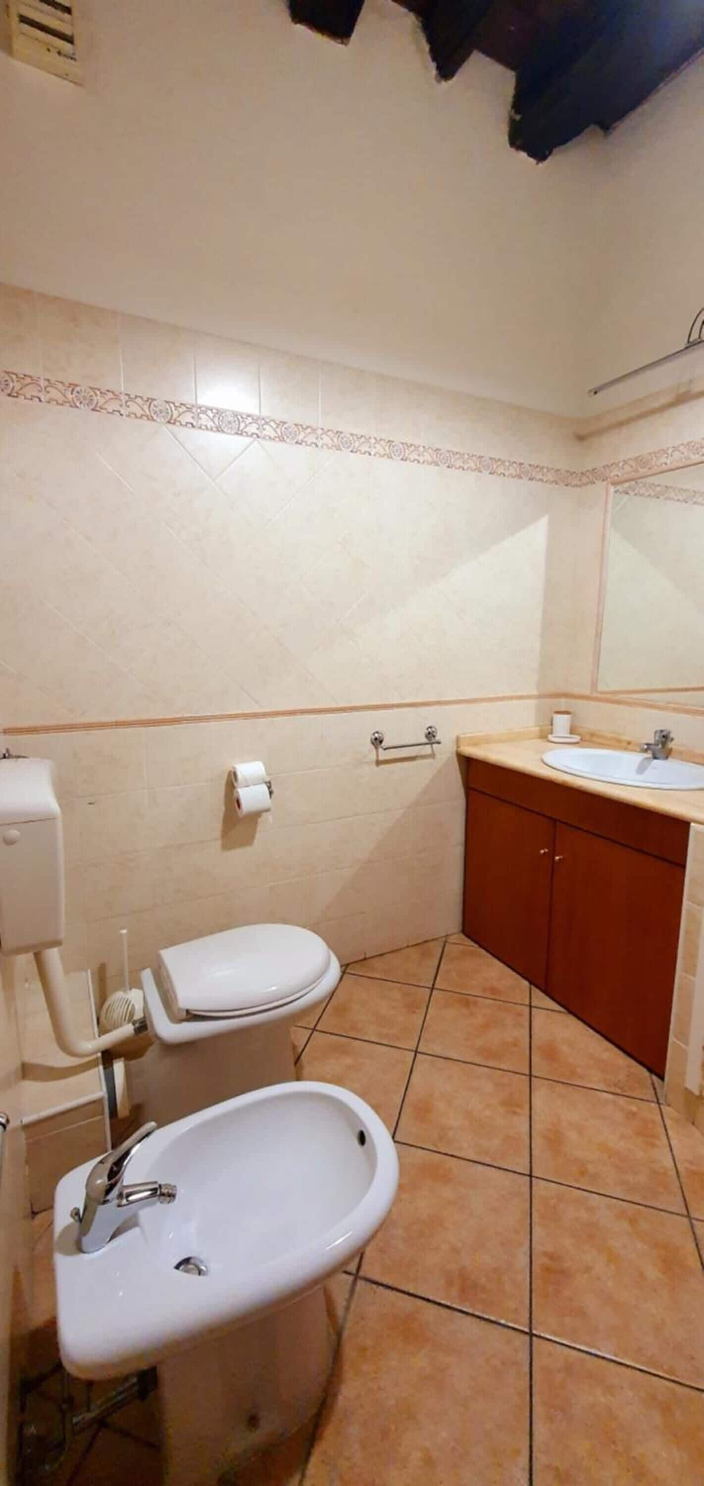 A bathroom with a toilet, bidet, sink, and mirror.
