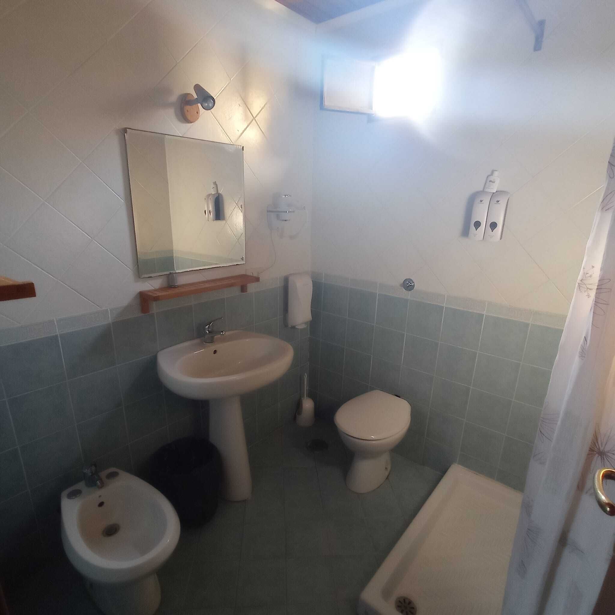 A bathroom with a sink, toilet, bidet, and a mirror.