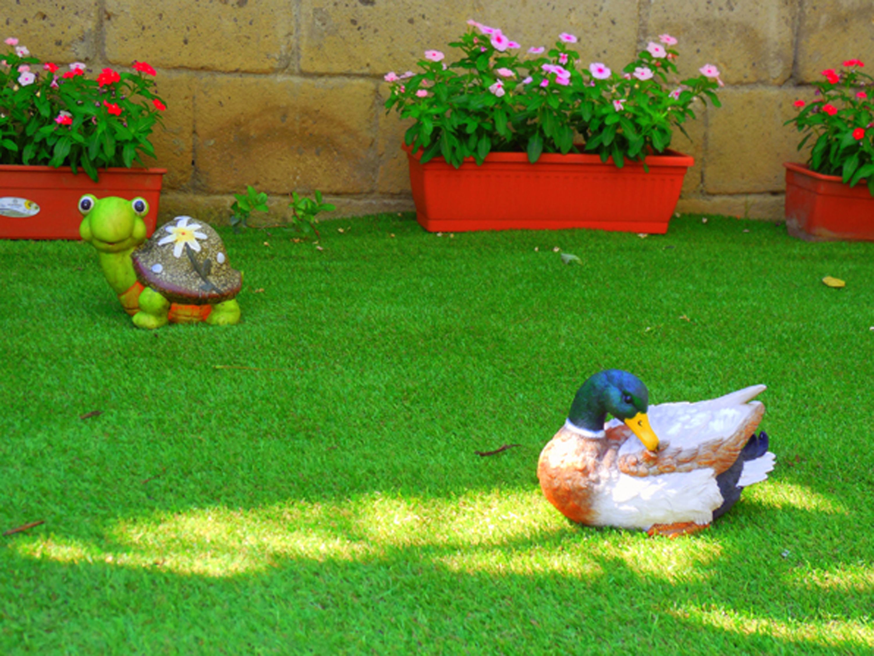 A duck and a frog statue on a green lawn with flower pots in the background.