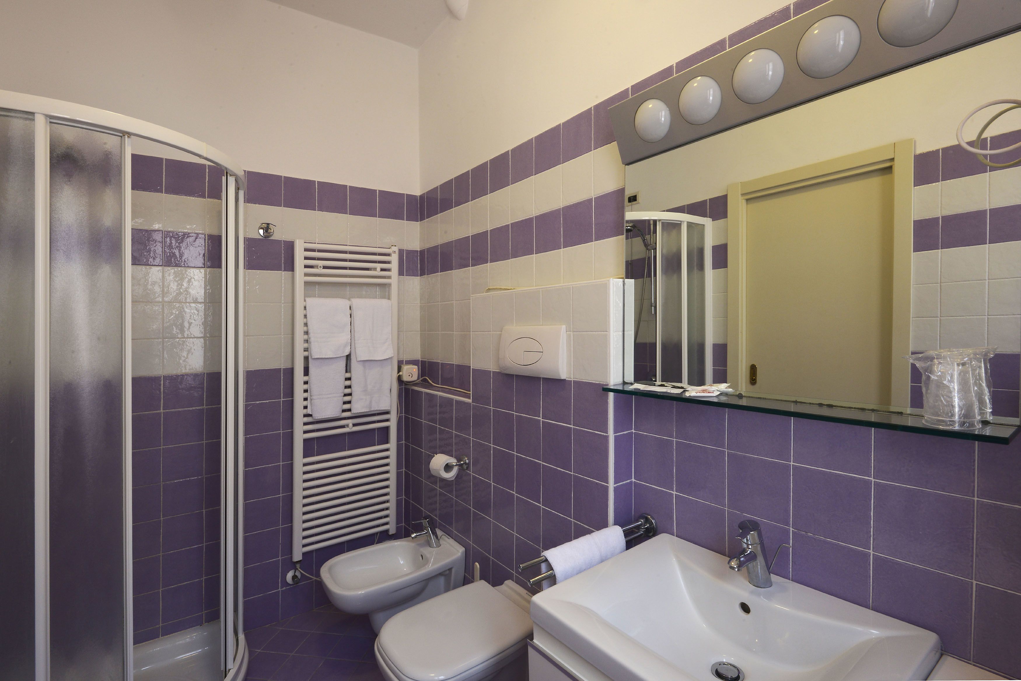 A bathroom with a shower, bidet, toilet, sink, and a mirror with lights.