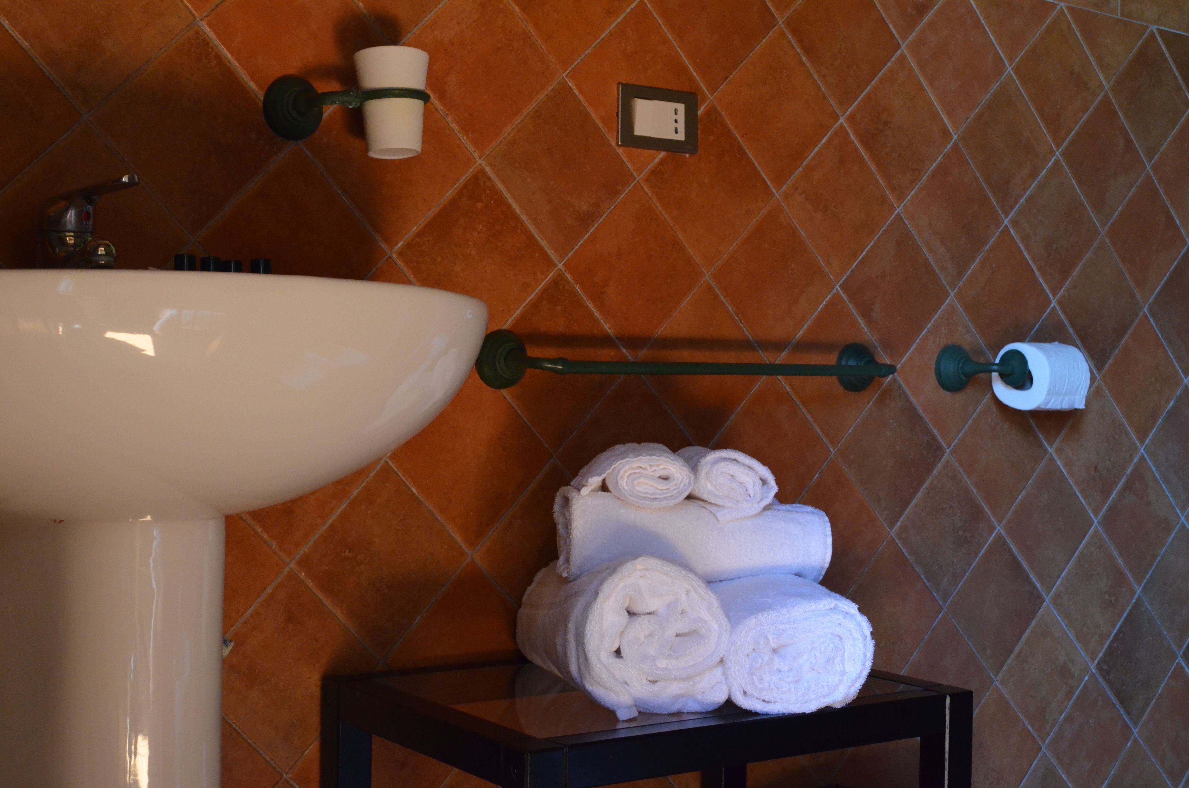 A bathroom with a white sink, a towel rack with rolled towels, a towel dispenser, and a wall-mounted light fixture.