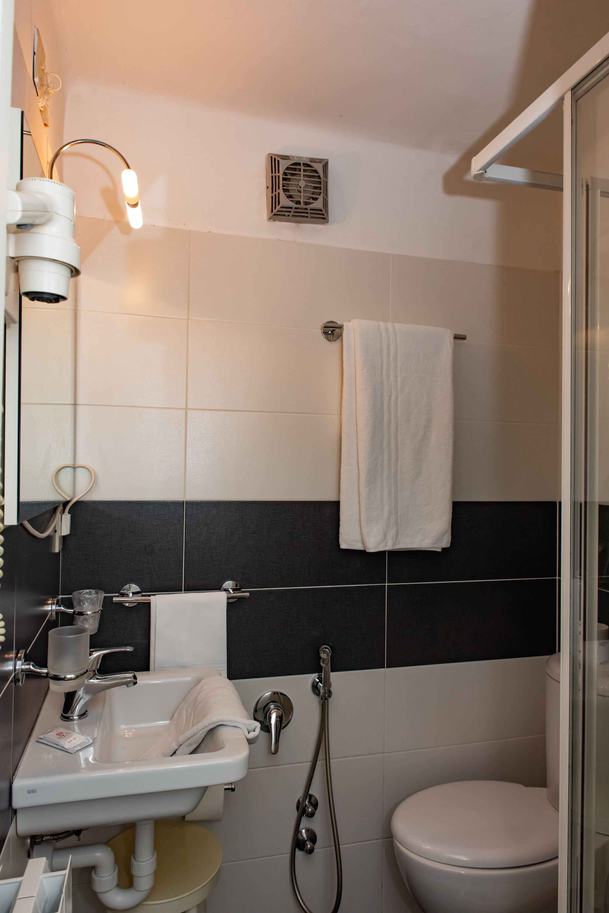 hair dryer, bidet, towels