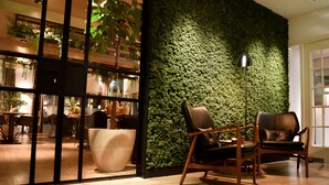 A modern interior with a green wall, wooden flooring, and leather chairs.
