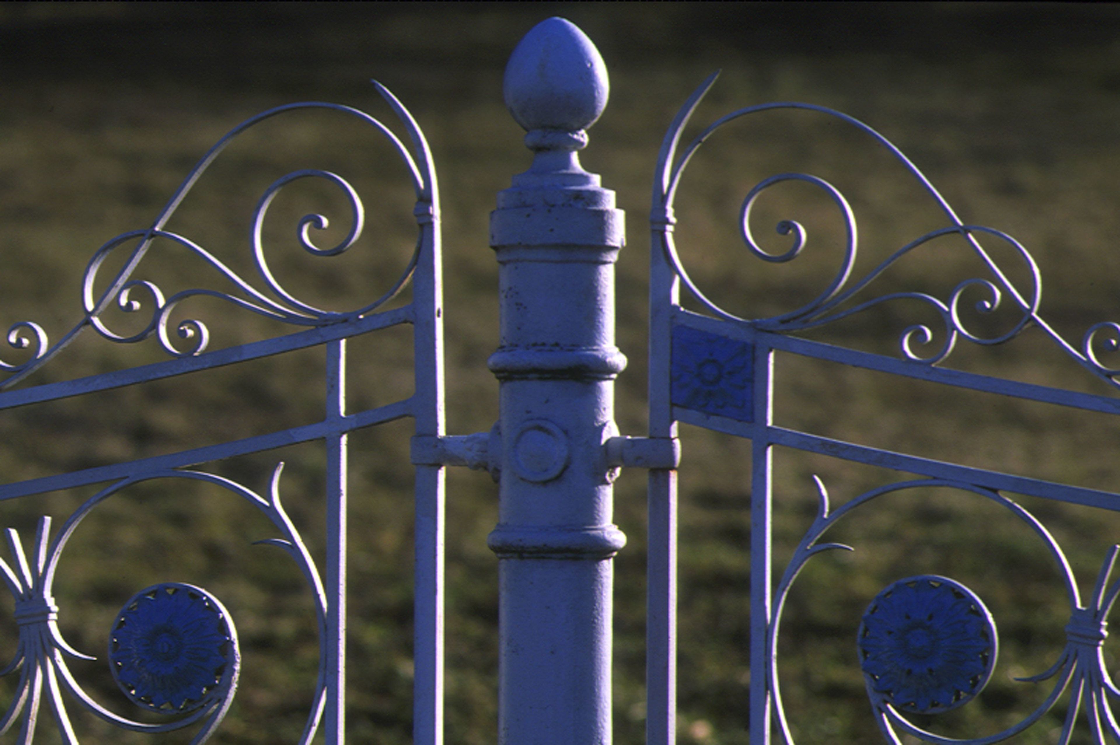 A metal gate with intricate designs and a central post.