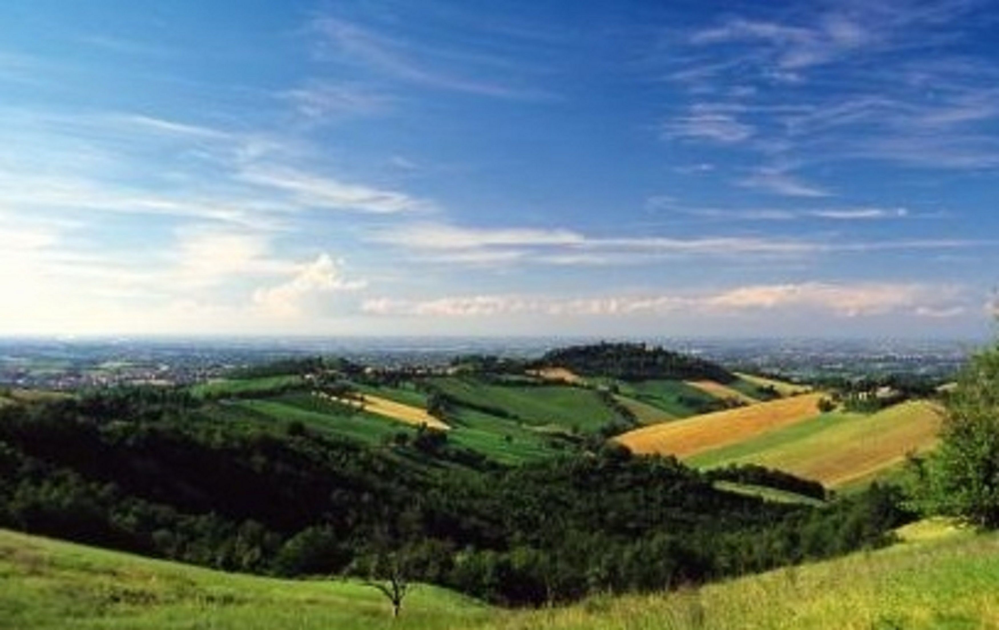 A panoramic view of a countryside landscape with rolling hills, fields, and a distant city skyline.