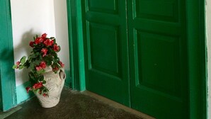 A green door with a small emblem, a white wall, and a potted plant with red flowers. - Agriturismo Belvedere (Piano di Sorrento)