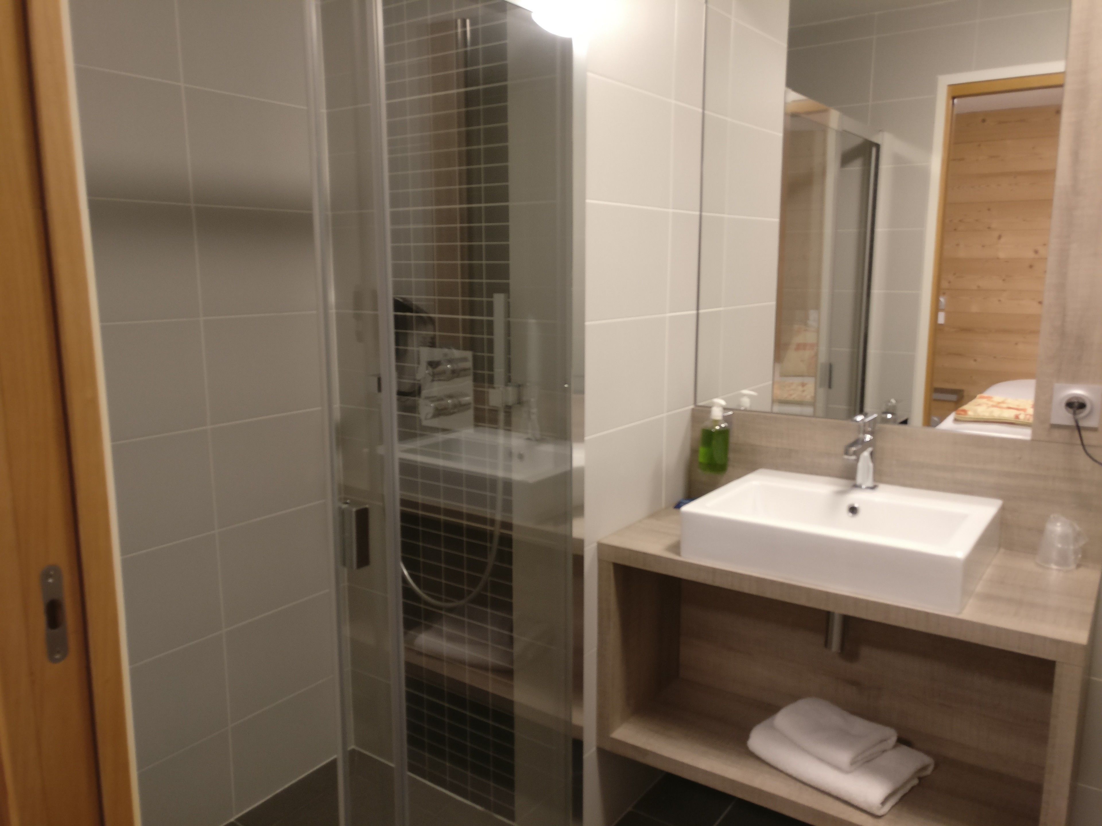 A modern bathroom with a glass-enclosed shower, a white sink, and a mirror.