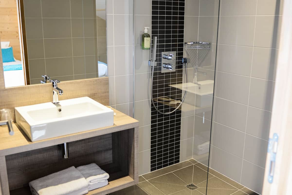 shower, free toiletries, hair dryer, towels