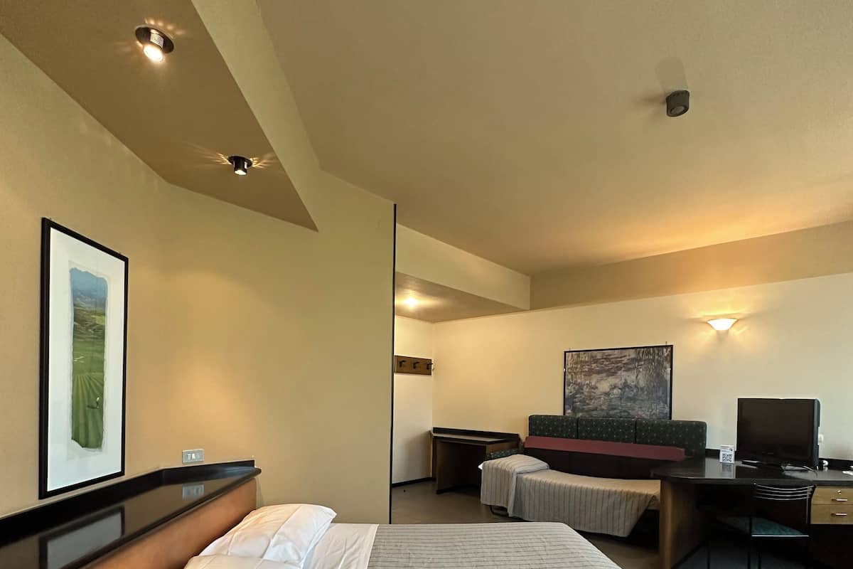 Ein Hotelzimmer mit einem Bett, einem Schreibtisch, einem Sessel, einem Fernseher und einem Bild an der Wand.