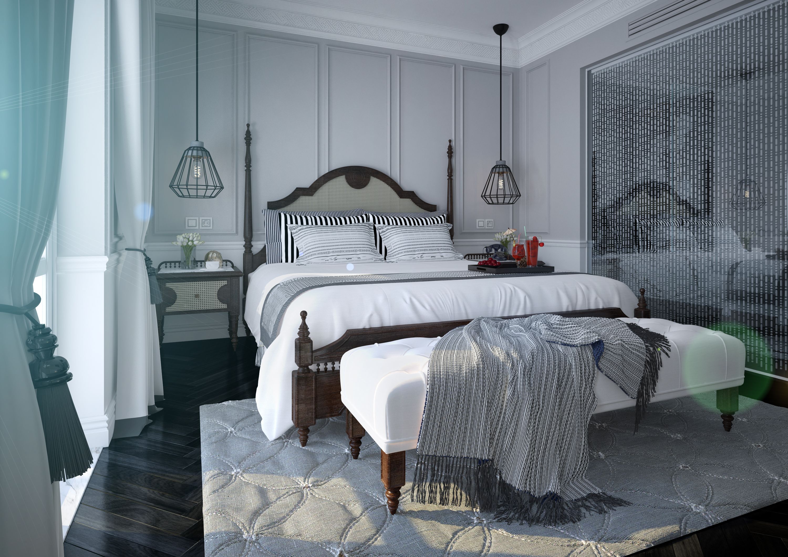 A bedroom with a large bed, two bedside tables, a bench, and a window with a view.