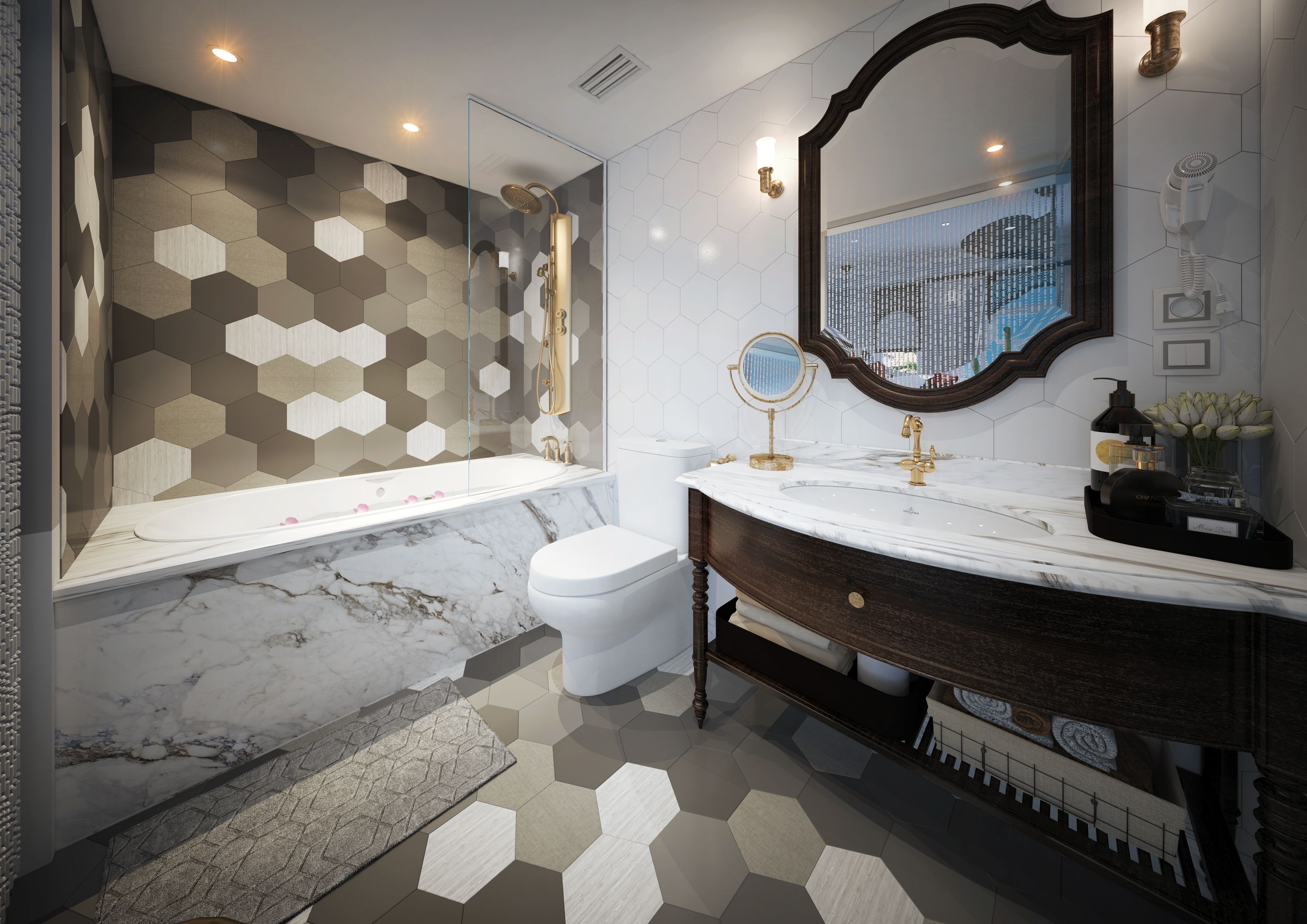 honeymoon suite, balcony | bathroom | hair dryer, slippers, towels