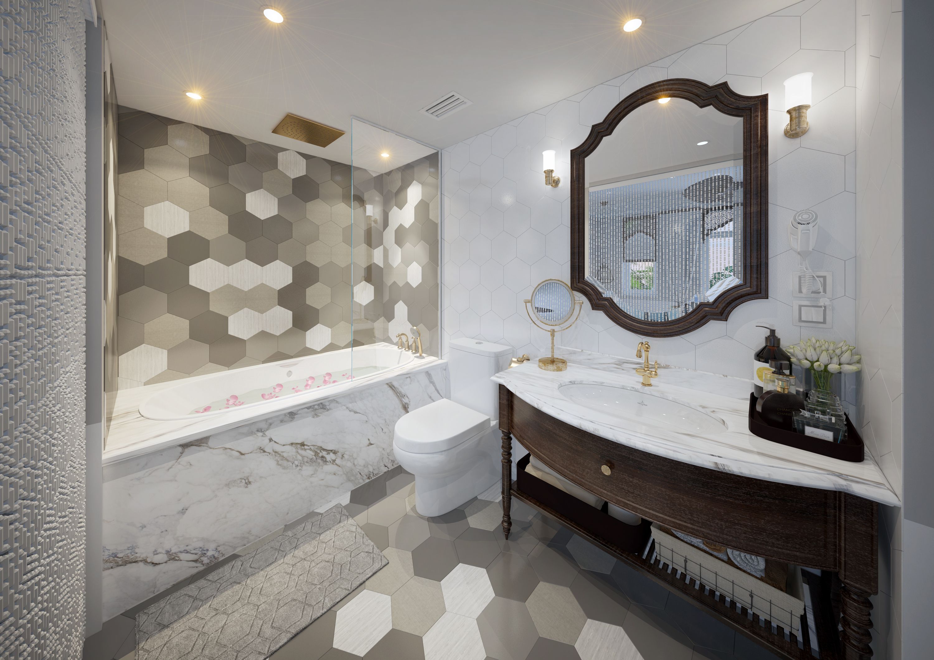 honeymoon suite, balcony | bathroom | hair dryer, slippers, towels