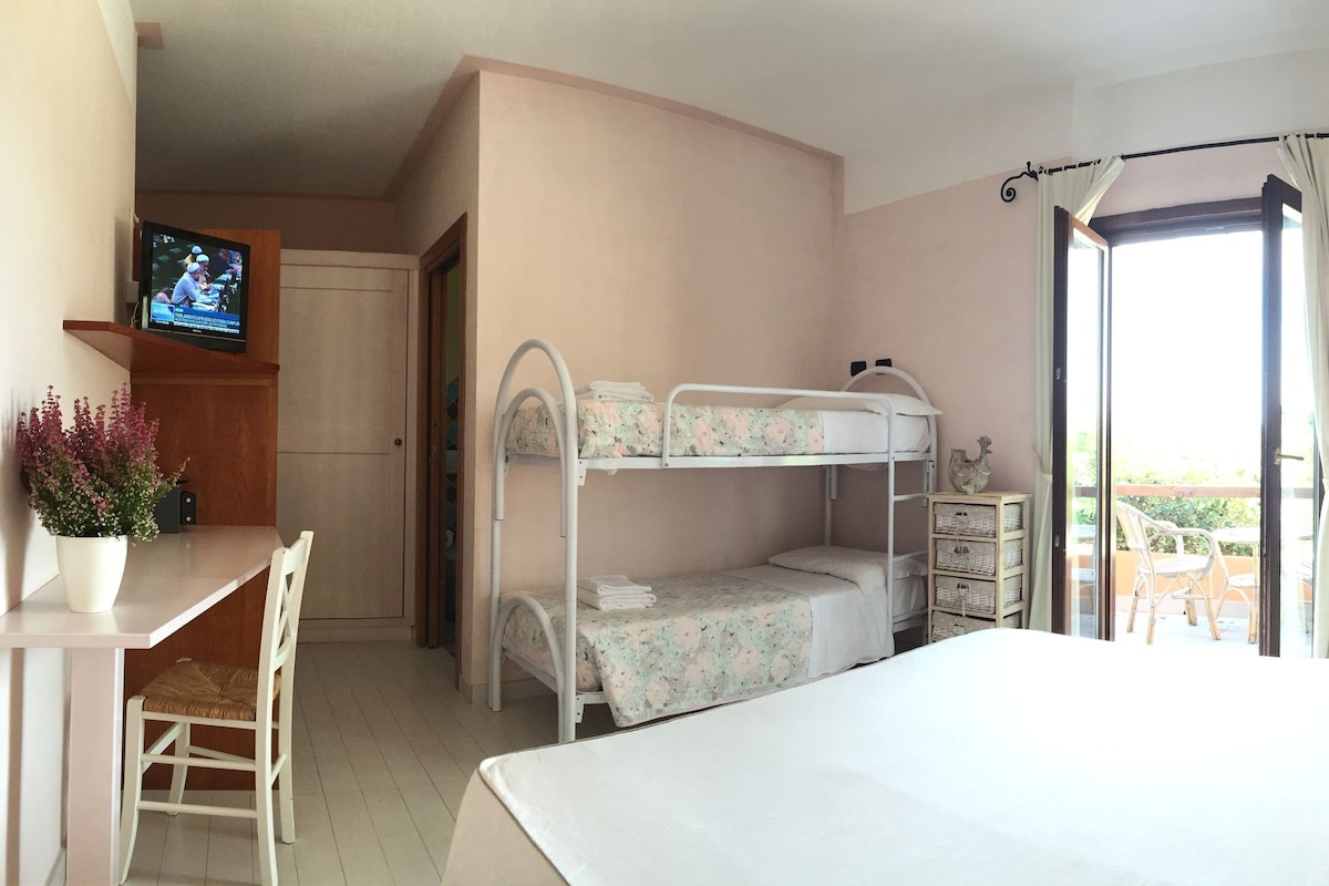 Habitación de hotel con literas, un escritorio con televisor, una planta en maceta y un balcón con una silla.