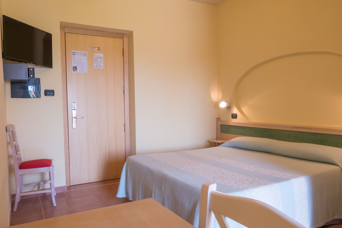 Una habitación de hotel con cama, escritorio, silla, televisor y puerta.