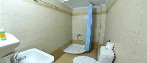A small bathroom with a sink, toilet, and shower.