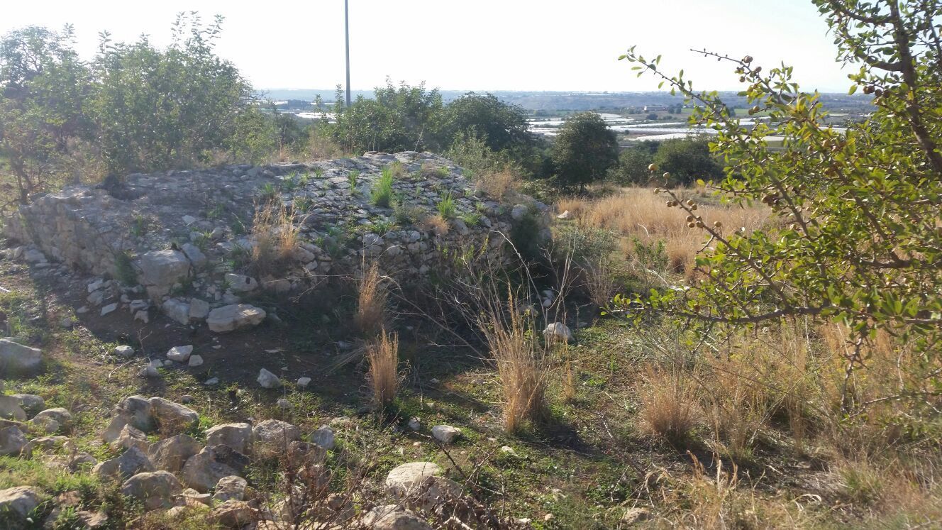 Una construcción de piedra rodeada de pasto seco y arbustos.