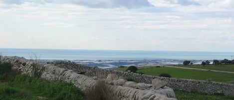 Un muro de piedra con un campo cubierto de hierba y vistas al mar.
