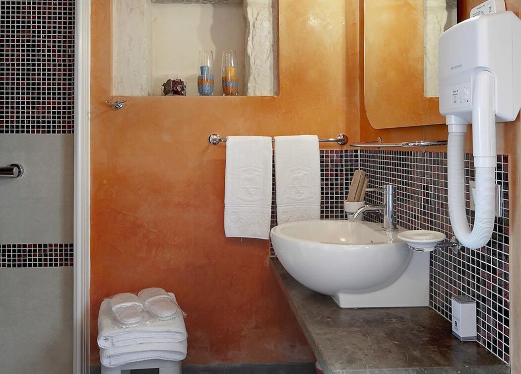 Une salle de bain avec un grand lavabo, un miroir et un porte-serviettes.