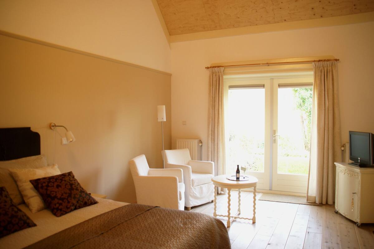 A bedroom with a bed, two white chairs, a small round table with a bottle, a television on a cabinet, and a sliding glass door leading to an outdoor area.