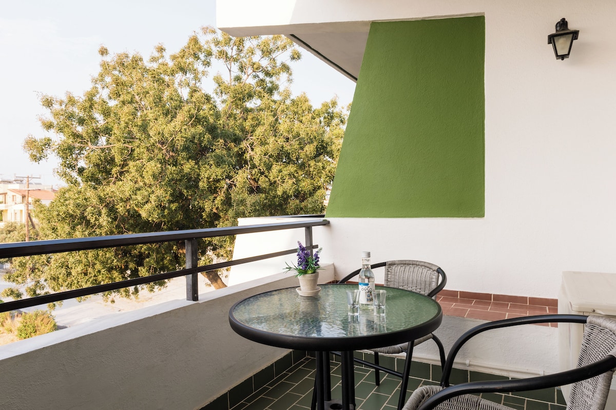 A balcony with a glass table, wicker chairs, a potted plant, and a bottle.