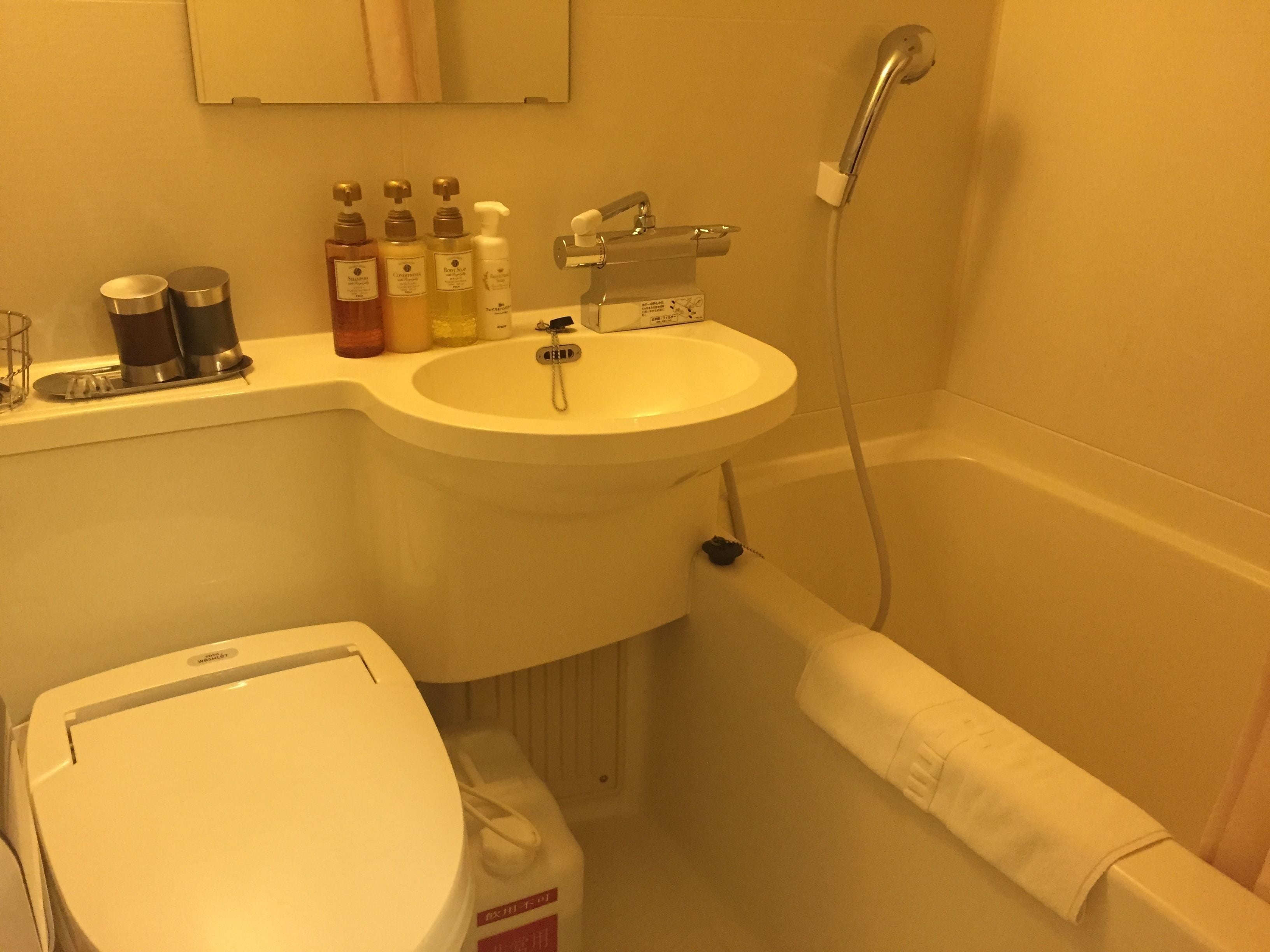 combined shower/bathtub, free toiletries, slippers, electronic bidet