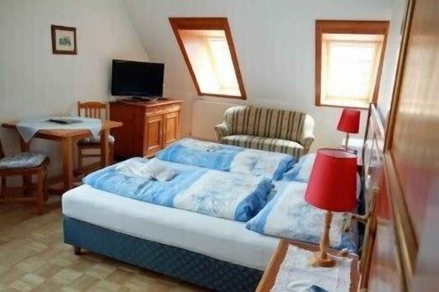 A bedroom with a bed, a desk, a chair, a television, and two windows.