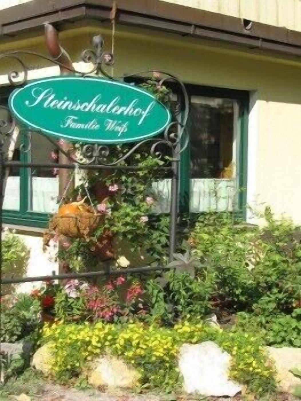 A sign for a restaurant named "Steinschulhof" with a hanging basket of flowers.