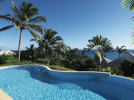 Outdoor pool, pool umbrellas, sun loungers