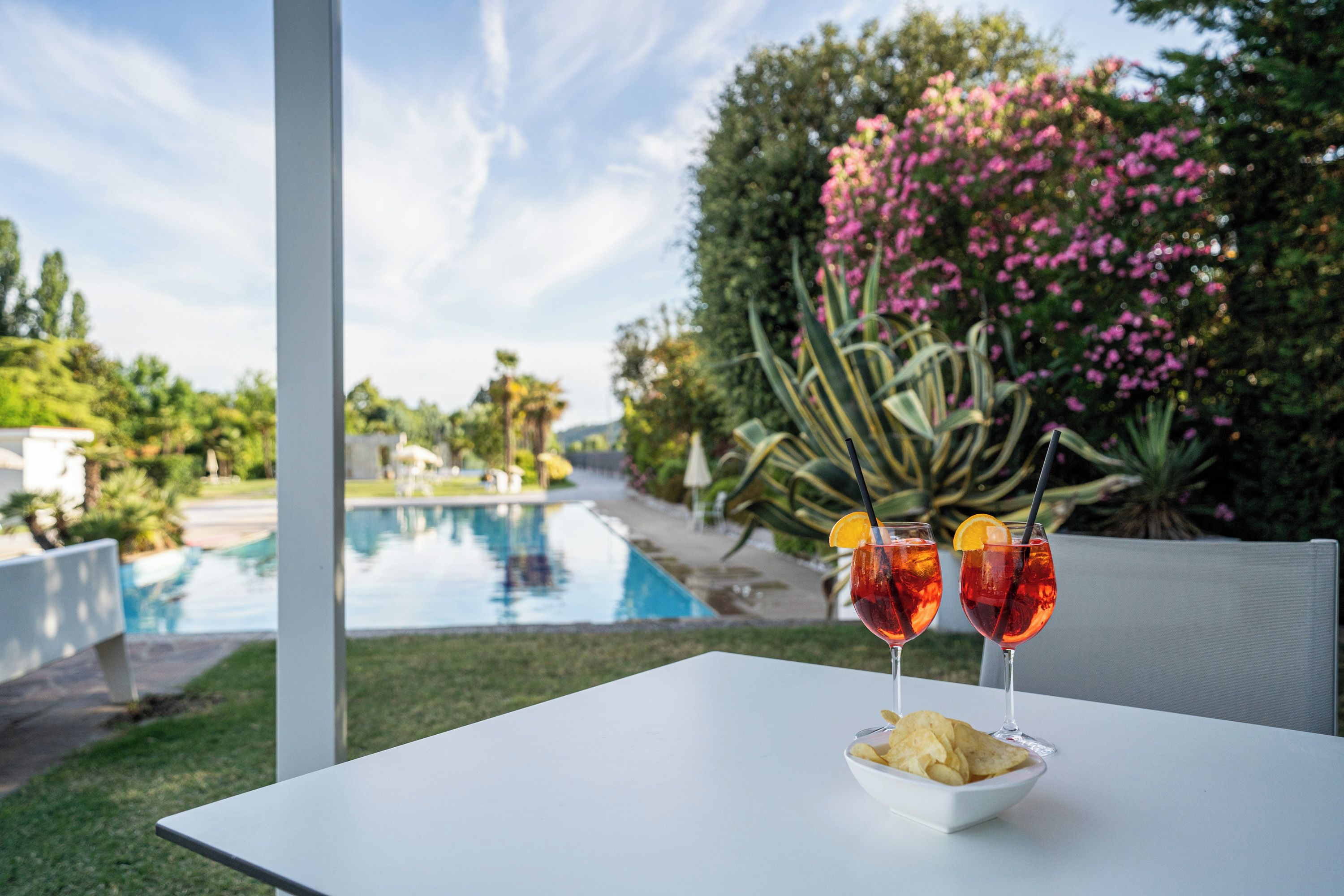 A table with two drinks and a bowl of chips, overlooking a swimming pool and lush greenery.