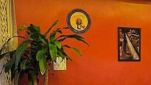 Una habitación con sofá verde, una planta en maceta, un cuadro en la pared y un cojín decorativo.