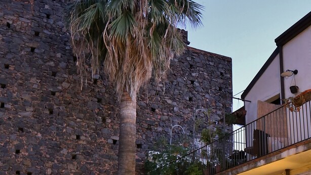 Un edificio con fachada de piedra, una palmera y un balcón con barandillas.